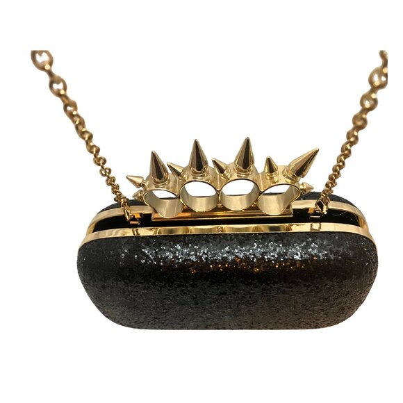 Glitter Knuckle Clutch - black with gold spikes + removable crossbody chain - Picture 3 of 6